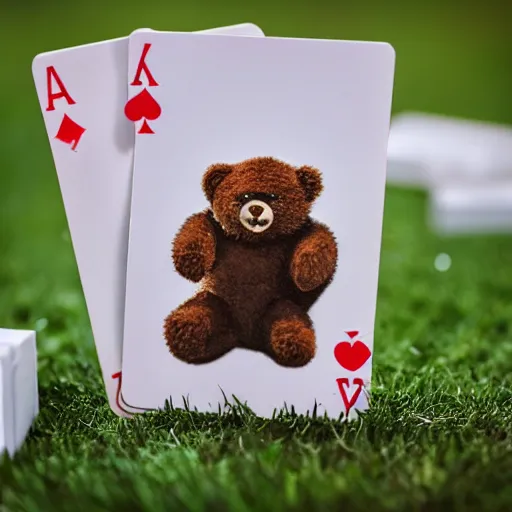 Image similar to a photograph of a teddybear holding a pack of playing cards, 50mm, depth of field