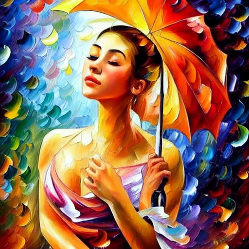 Image similar to highly detailed painting of a beautiful young woman, dancing in the rain, intricate, high quality oil painting artstyle, in the style of leonid afremov, deviantart, figurative art, deviantart, ilya kuvshinov, lovecraftian, very detailed face, portrait