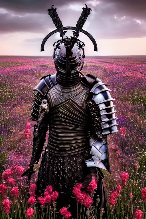 Image similar to hyperrealistic neo - gothic cinematic monster with armor holding sword in a field of flowers, highly detailed smooth digital art masterpiece, vitaly bulgarov dramatic low light, ground angle uhd 8 k, sharp focus