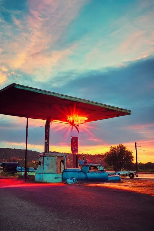 Image similar to a sunset light landscape with historical route 6 6, lots of sparkling details and sun ray ’ s, blinding backlight, smoke, volumetric lighting, colorful, octane, 3 5 mm, abandoned gas station, old rusty pickup - truck, beautiful epic colored reflections, very colorful heavenly, softlight