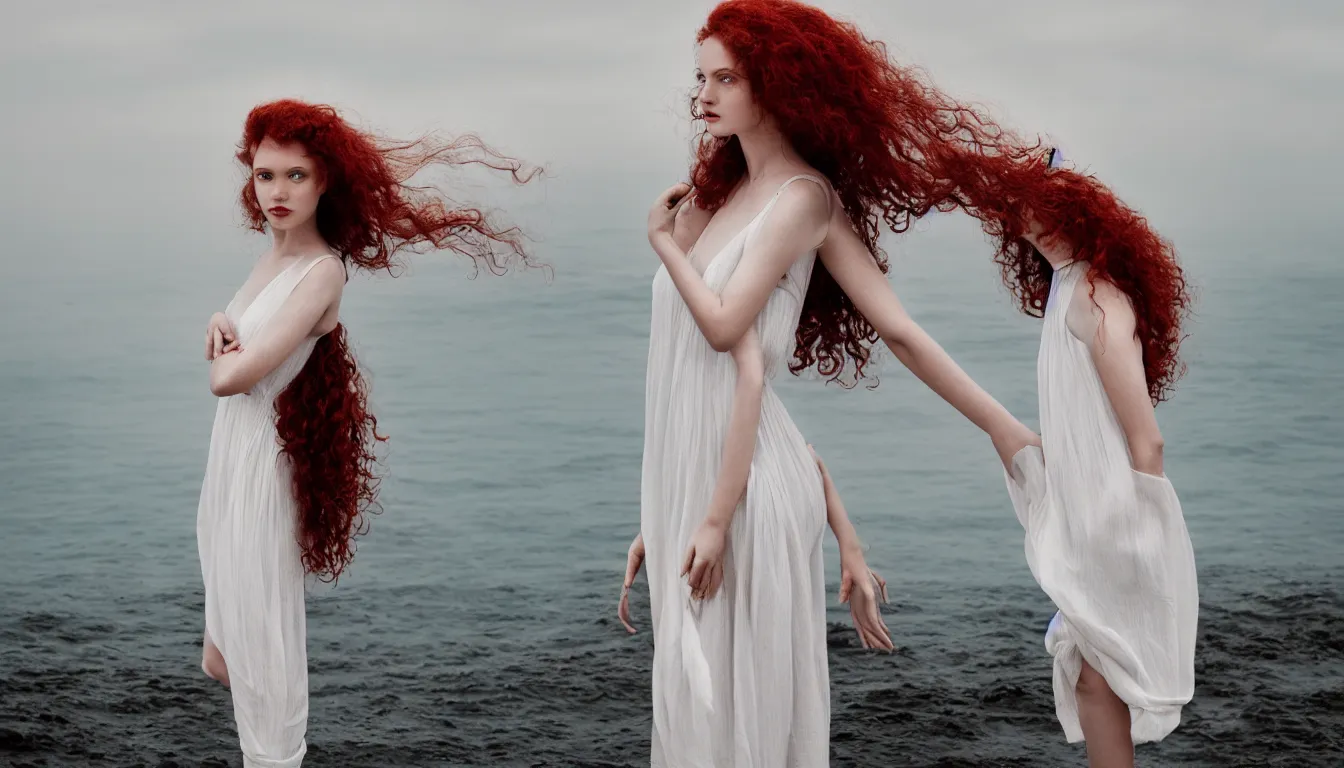 Prompt: a portrait photography of a beautiful woman with red long curly hair and full body dress in white by Flora Borsi, stand up with the sea behind, soft natural lighting, pastel colors scheme, fine art photography, , 80 mm sigma art