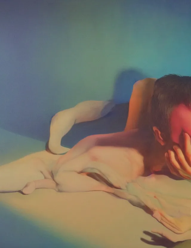 Prompt: boy in dark room praying on kness, blue rays from tv, redshift, colour shift, wide shot, coloured polaroid photograph, pastel, kodak film, hyper real, stunning moody cinematography, by maripol, fallen angels by wong kar - wai, style of suspiria and neon demon, david hockney, detailed, oil on canvas