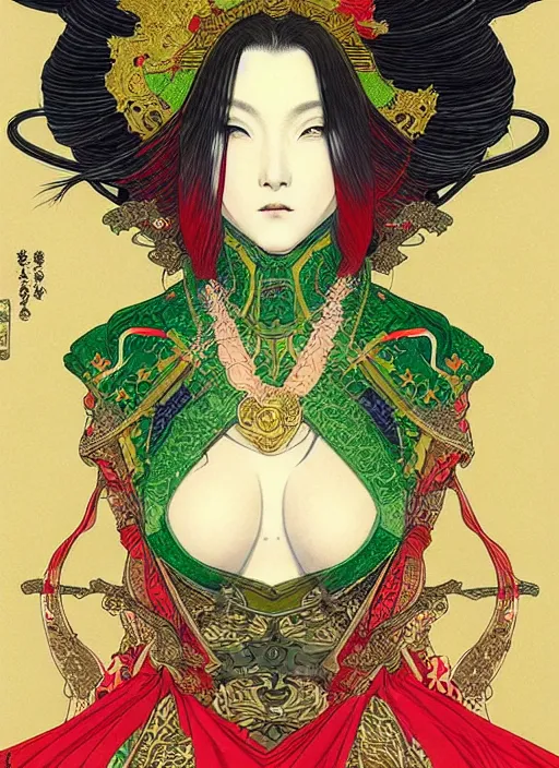 Prompt: a beautiful ukiyo - e portrait of a beautiful cyberpunk elven queen with long red hair, wearing green, red and gold ornate dress, golden intricate crown. detailed symmetrical close up portrait, intricate complexity, concept art, by takato yamamoto, wlop, krenz cushart. cinematic dramatic atmosphere, sharp focus