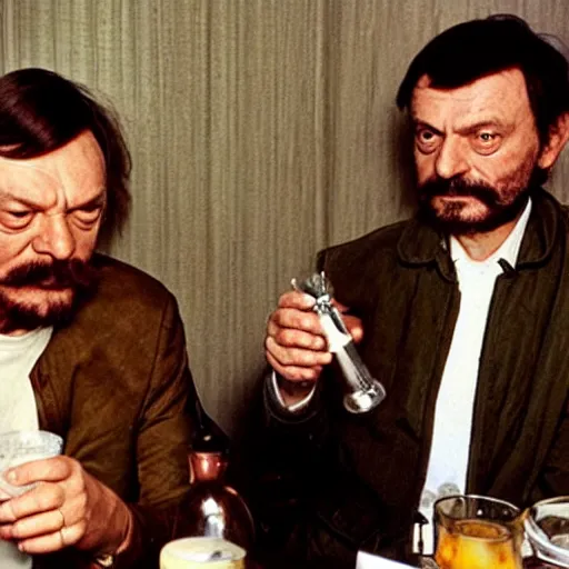 Image similar to andrei tarkovsky and stanley kubrick drinking vodka, realistic