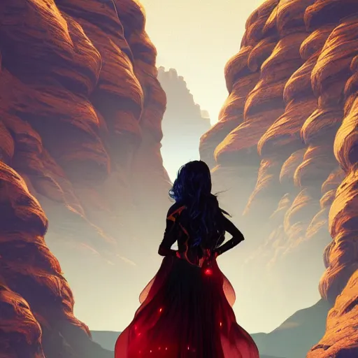 Prompt: alchemist with thick black curls and gold jewelry wearing a red dress standing in front of red desert cliffs intricate artwork by Tooth Wu and wlop and beeple and Dan Mumford. Octane render, trending on artstation, greg rutkowski very coherent symmetrical artwork. Cinematic, hyper realism, high detail 8k