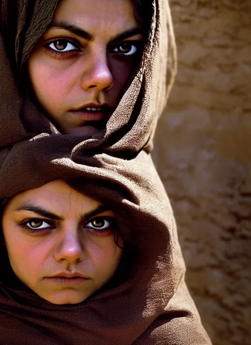 Image similar to portrait of mila kunis as afghan girl, photograph by steve mccurry