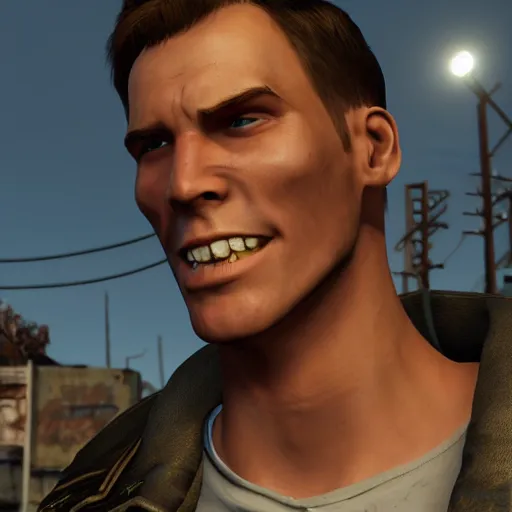 Image similar to jerma985 in fallout, close-up, tight shot, portrait, unreal engine, in game screenshot, high definition, detailed