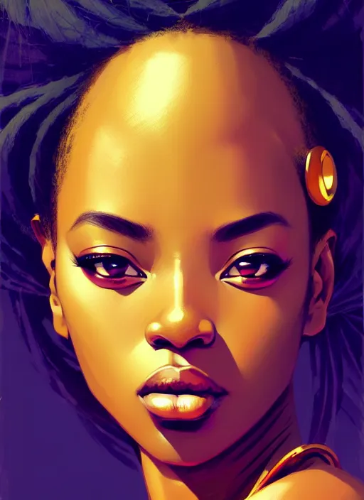 Image similar to a comic portrait of an african goddess, fine - face, realistic shaded perfect face, fine details. night setting. very anime style. realistic shaded lighting poster by ilya kuvshinov katsuhiro, magali villeneuve, artgerm, jeremy lipkin and michael garmash, rob rey and kentaro miura style, trending on art station