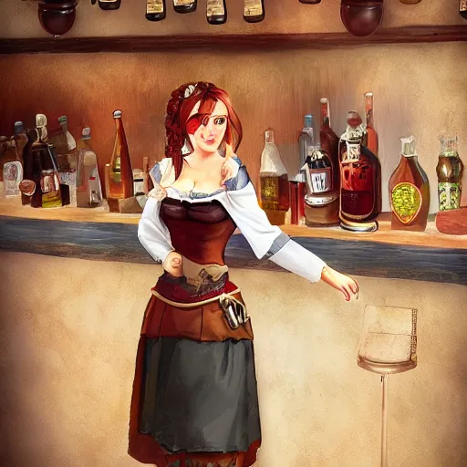 Image similar to medieval barmaid in tavern, trending on artstation