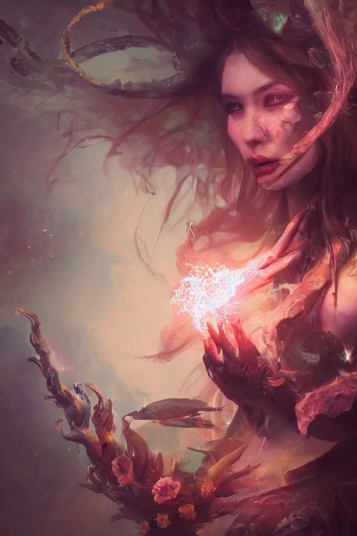 Image similar to beautiful girl necromancer, mage, witch - doctor exploding into flowers, angels, demons, 3 d render, hyper - realistic detailed portrait, holding fire and electricity, ruan jia, wlop. scifi, fantasy, magic the gathering, hyper detailed, octane render, concept art, peter mohrbacher