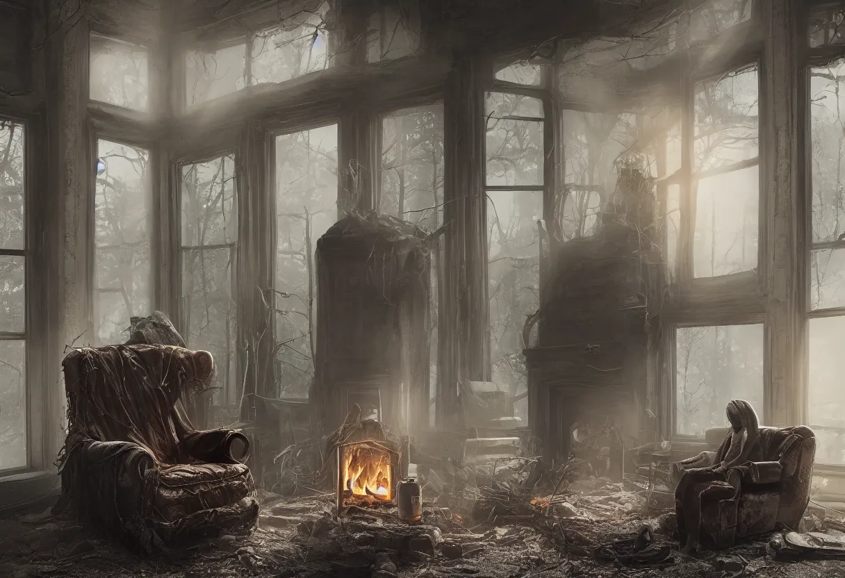 Prompt: intimate portrait photograph of one single lone solitary futuristic robot sitting on a frayed recliner in front of a beautiful fireplace with a cozy fire, in a dupost-apocalyptic Victorian home, soft morning light seeping in a window, with cinematic lighting and lens flare, tall ceiling, octane render, cgsociety, by Simon Stalenhag and Alfonso Cuaron, highly detailed closeup portrait, award-winning highly detailed 8k anamorphic closeup tight cinematic movie photograph