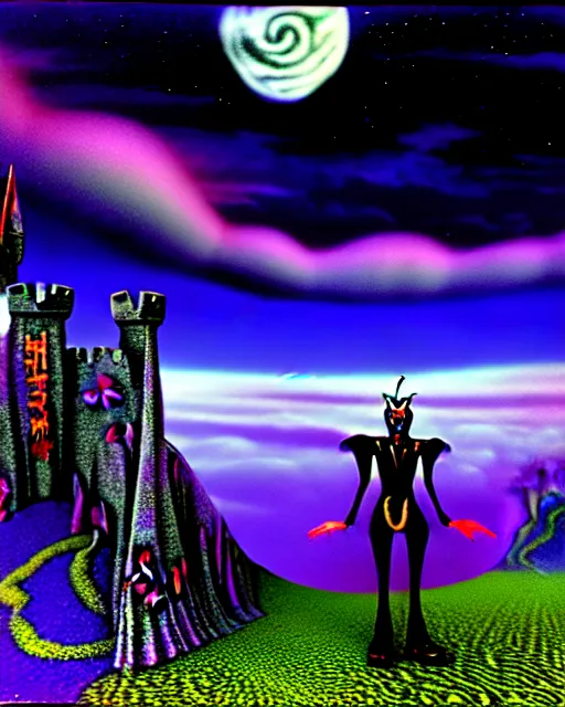 Prompt: 3 d render of vampire demon jester standing in cybernetic mountain landscape with castle ruins against a psychedelic surreal background with 3 d butterflies and 3 d flowers n the style of 1 9 9 0's cg graphics against the cloudy night sky, lsd dream emulator psx, 3 d rendered y 2 k aesthetic by ichiro tanida, 3 do magazine, wide shot