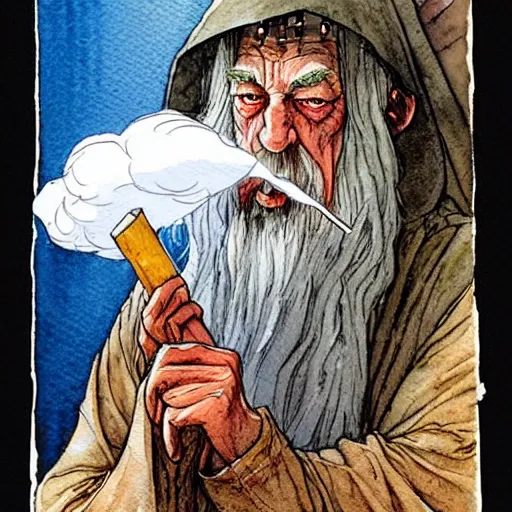 Image similar to a realistic and atmospheric watercolour fantasy character concept art portrait of gandalf with red eyes smoking a huge blunt looking at the camera with a pot leaf nearby by rebecca guay, michael kaluta, charles vess and jean moebius giraud