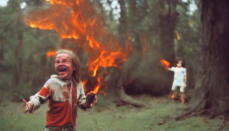 Image similar to 7 0 s film still from a horror movie about a burning tree and a laughing kid, kodachrome, cinecolor, cinestill, film grain, film texture, retro, cinematic, high resolution, photorealism,