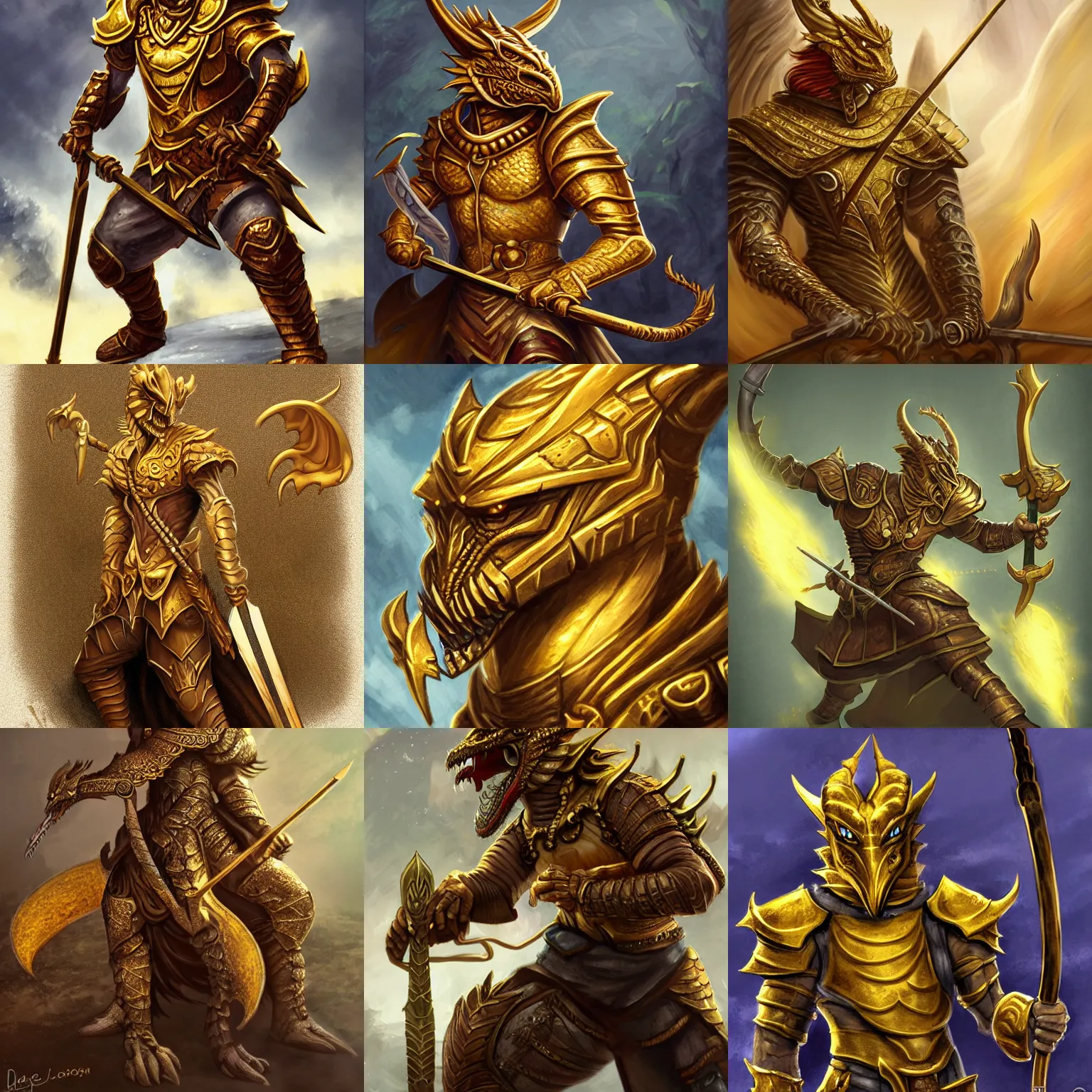 Prompt: Golden Dragonborn wielding a spear, character art, Portrait, D&D, high detail