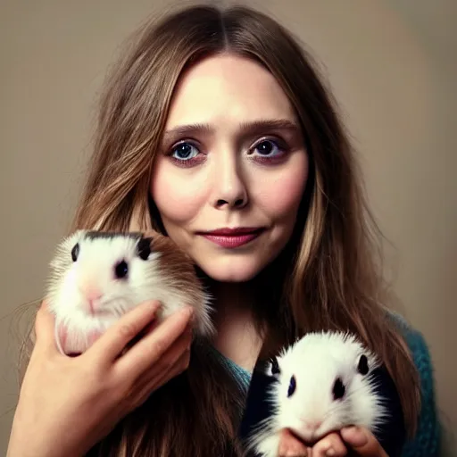 Image similar to Elizabeth Olsen holding a guinea pig in her hands, photorealistic, 4k, 8k, trending on artstation