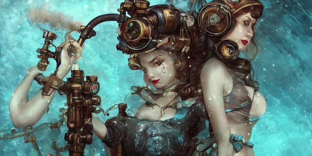 Prompt: digital art, trending on artstation, pin ups in an underwater steam punk world