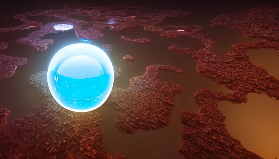 Image similar to highly detailed render of a metropolis in a water bubble on mars, hyper detailed, digital art, led lighting, studio quality, smooth render, unreal engine 5, octane render, trending on artstaion.
