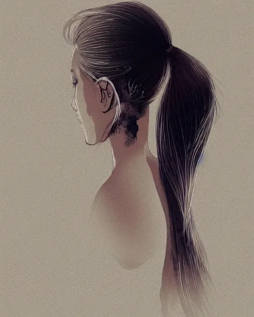 Image similar to a ultradetailed beautiful back painting of a stylish woman with white hair in a short pony tail, she is wearing jeans, by conrad roset, greg rutkowski and makoto shinkai trending on artstation