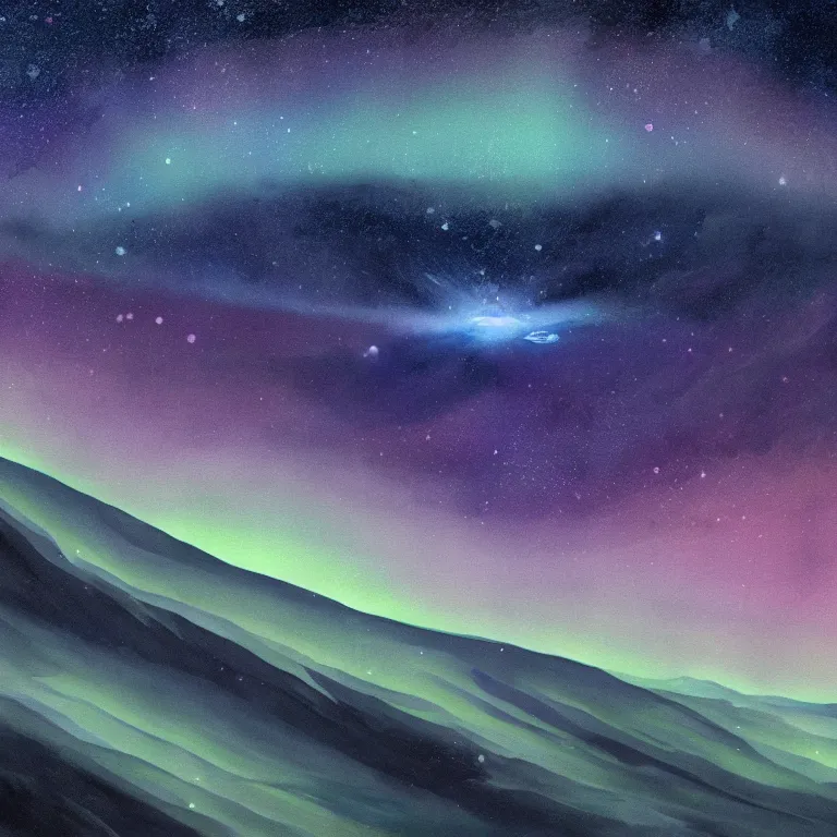 Image similar to a beautiful artistic painting of mountain line in outer space, mountain label, northern lights in methocosmos or outer space, almost like in the sky or all in the amazing outdoors view, long exposure, 8 k resolution, trending on artstation