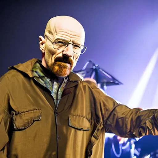 Image similar to Walter white singing at a death metal concert