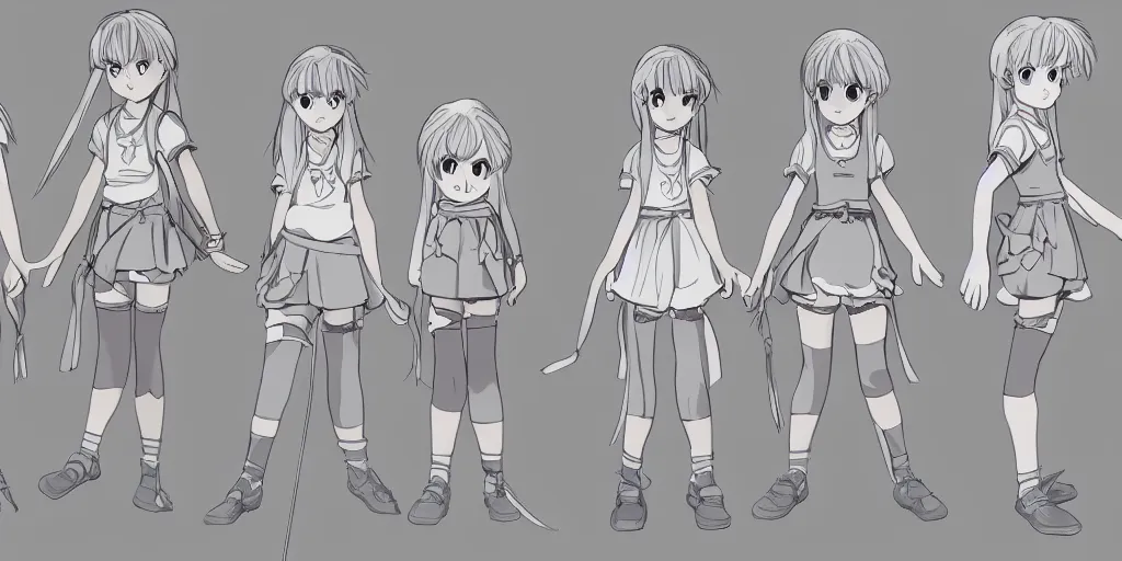 Image similar to a magical adventurer little girl character anime model sheet; in the magical studio ghibli anime; character outfit concepts; trending on artstation, highly detailed, clean lineart