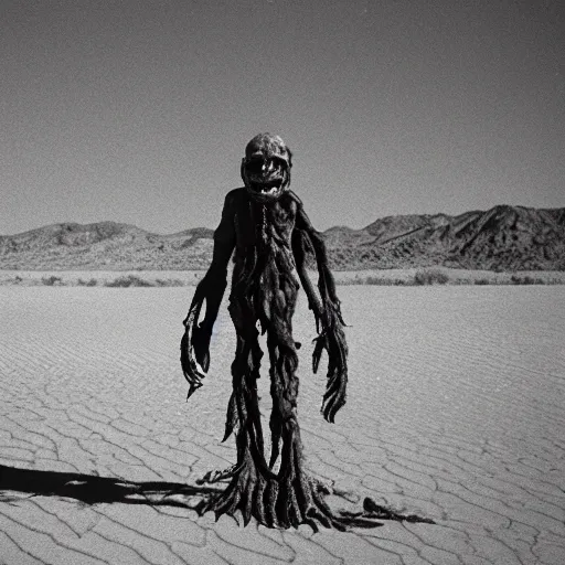 Image similar to in the desert a bloody horrifying The Thing monster , mid day, 35mm photography, realistic,