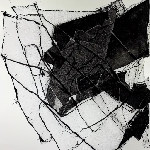Prompt: ripped and torn mesh, drawn with a black liner on white paper