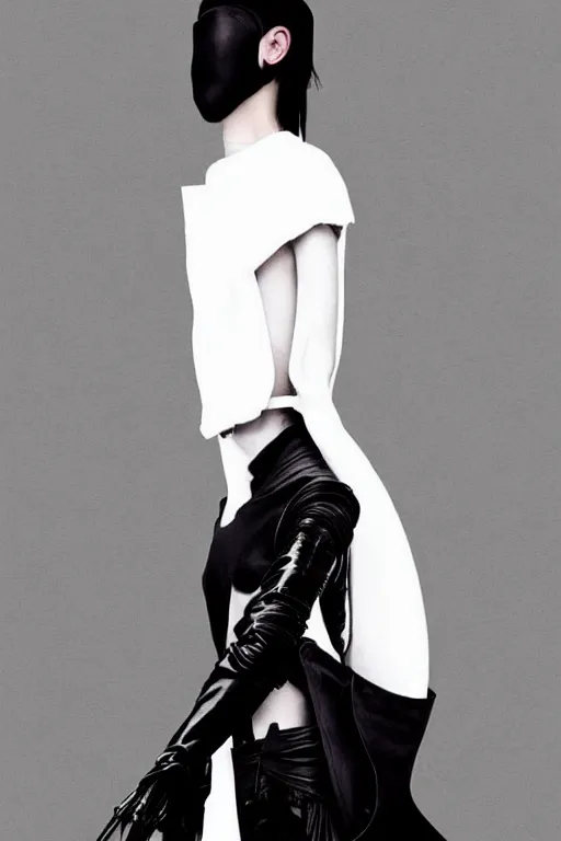Image similar to beautiful androgynous high fashion avant garde techwear look and clothes, we can see them from feet to head, highly detailed and intricate, luxury, cinematic, rick owens, yohji yamamoto, y 3, outfit photo, hot on r / streetwear, trending on artstation,
