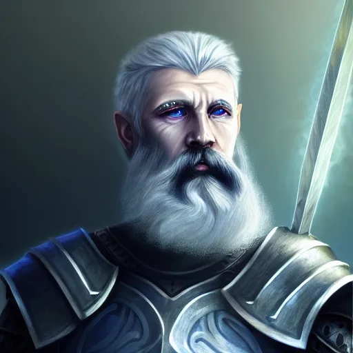 Prompt: Portrait of an Aasimar Paladin-Druid with glowing blue eyes, pale grey skin, silver full beard, and silver hair. He has a sword and wears moss covered full plate armor. Epic fantasy art, sharp, award winning on Artstation, 4k HD.