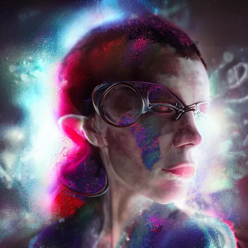 Image similar to improbability, octane render, portrait made of paint, splashes of colors, tim burton comic book art