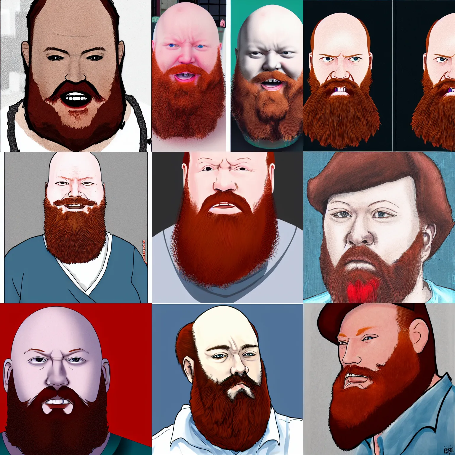 Prompt: angriestpat with red beard portrait in the style of kohei ashiya
