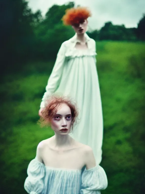 Image similar to cinestill 5 0 d photography of a woman lucy rosiek 3 / 4 style of paolo roversi, dress in voile, hair like puffy dark clouds, matt colours, soft blur outdoor background, volumetric lighting, hyperdetailed, hyperrealistic