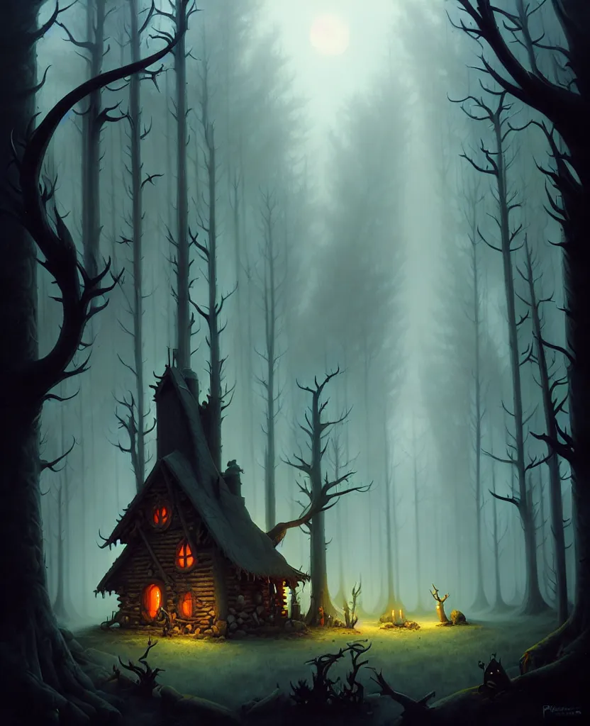 Image similar to a witches cabin in a dark forest, by peter mohrbacher