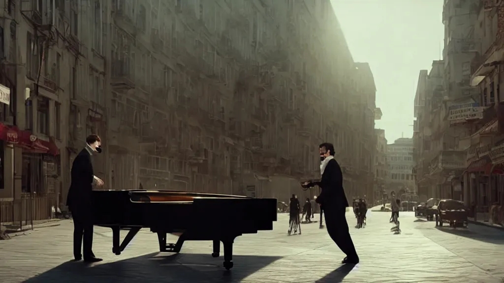 Prompt: a man in a suit wearing a goat mask playing a grand piano in the center of a busy street, morning glory light, film still from the movie directed by Denis Villeneuve with art direction by Salvador Dalí, wide lens
