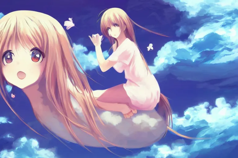 Image similar to a cute anime girl sitting on a cloud, digital painting, anime, portrait