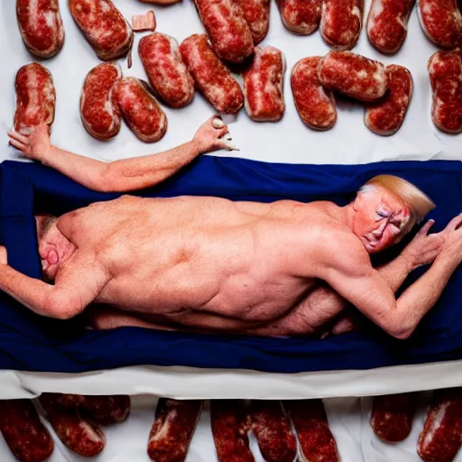 Image similar to Donald Trump in a bed covered in sausages, Canon EOS R3, f/1.4, ISO 200, 1/160s, 8K, RAW, unedited, symmetrical balance, in-frame