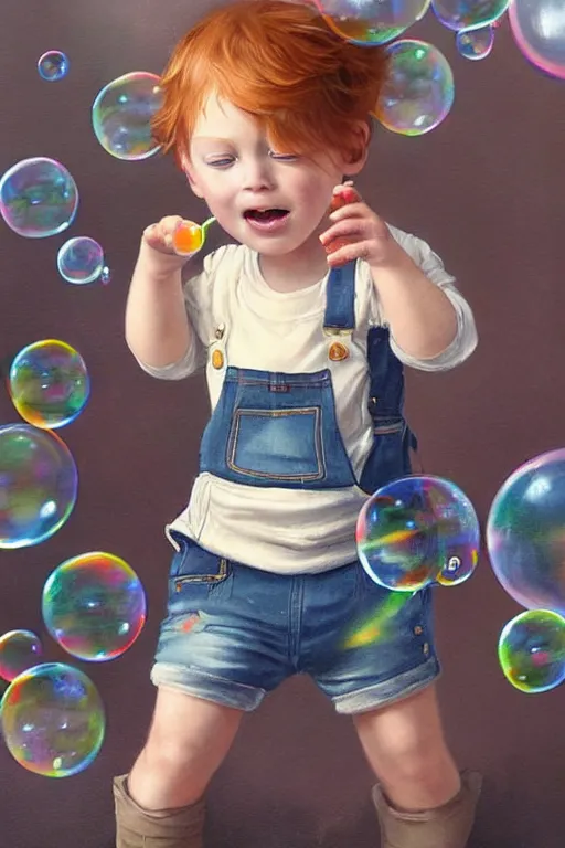 Image similar to a little boy with ginger hair wearing denim overalls chasing bubbles. clean elegant painting, beautiful detailed face, lots of bubbles. by artgerm and greg rutkowski