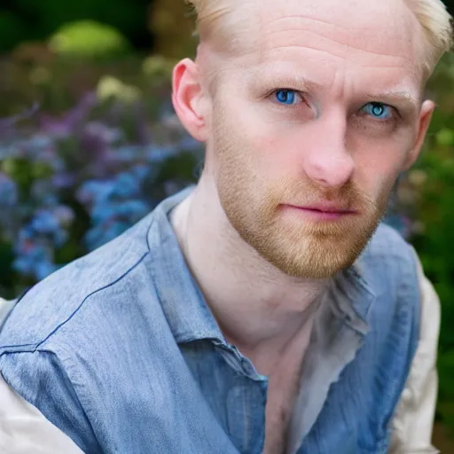 Image similar to photographic portrait of an English man, 37 years old, short golden blonde hair, balding, blue-green eyes, very pale white skin, an earring on left ear, very thin lips, smirking, posing in a garden, under bright sunlight