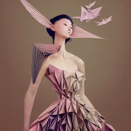 Prompt: 3 / 4 view of a beautiful girl wearing an origami dress, eye - level medium shot, hummingbirds, elegant, by eiko ishioka, givenchy, edgar degas, by peter mohrbacher, centered, fresh colors, origami, fashion, detailed illustration, vogue, high depth of field, japanese, reallusion character creator