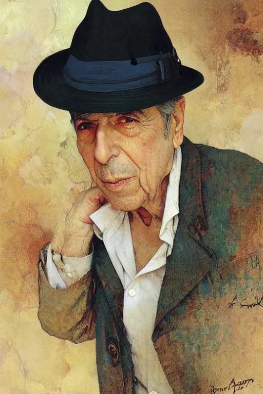 Image similar to Leonard Cohen, wearing a trilby hat, portrait by Stanley Artgerm Lau, greg rutkowski, thomas kindkade, alphonse mucha, loish, norman Rockwell