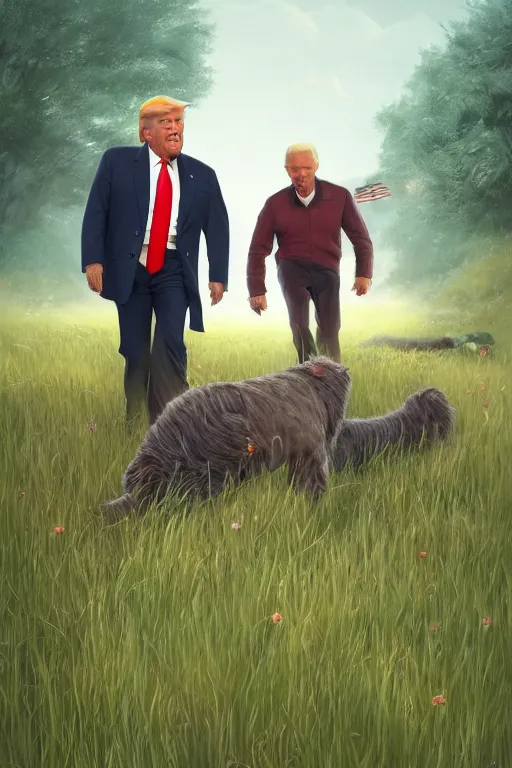 Prompt: A highly detailed photorealistic full portrait of Donald Trump and Joe Biden chasing and frolicking in the field by Simon Stalenhag and Thomas Kinkaid, Octane render, trending on cgsociety, HDR, 8K I cant believe how accurate this is