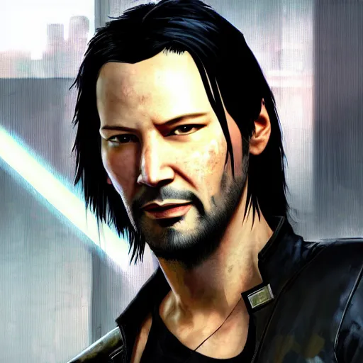 Image similar to art of Keanu Reaves as neo from matrix film in the cyberpunk 2077 game