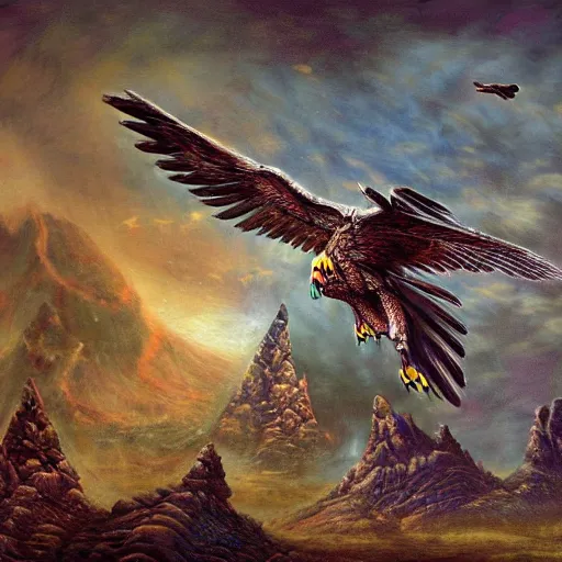 Prompt: fantasy art hyper realistic ai created interesting bizarre subconscious of a flying hawk hunting with fractal vignette edge fantastic art award winning best ultra detailed magnificent