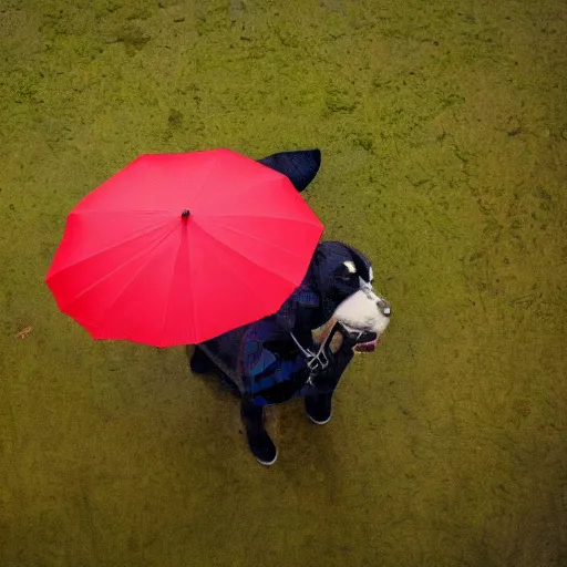 Image similar to dog underneath an umbrella in the rain, view from above stylised