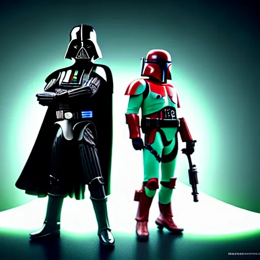 Image similar to darth vader and boba fett standing proudly shoulder to shoulder ultra realistic, lens flare, atmosphere, glow, detailed, intricate, full of colour, cinematic lighting, trending on artstation, 4 k, hyperrealistic, focused, extreme details, unreal engine 5, cinematic, masterpiece, ultra realistic, hyper realistic, highly detailed, sharp focus, digital art