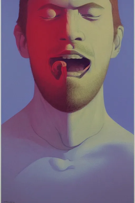 Prompt: a closeup portrait of a young icelandic man licking a blotter paper of LSD acid on his tongue and dreaming psychedelic hallucinations, by kawase hasui, moebius, Edward Hopper and James Gilleard, Zdzislaw Beksinski, Steven Outram colorful flat surreal design, hd, 8k, artstation