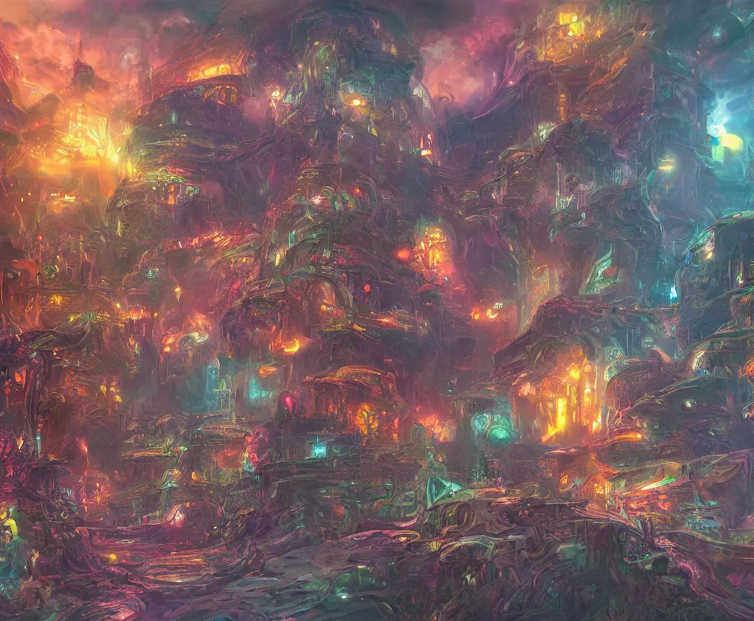 Prompt: detailed painting of an intricate fantasy sci-fi-world, colorful, dreamy, concept art