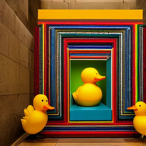 Image similar to wide shot, one photorealistic rubber duck in foreground on a pedestal in an cavernous museum gallery, metropolitan museum of art, the walls are covered with colorful geometric wall paintings in the style of sol lewitt, tall arched stone doorways, through the doorways are more wall paintings in the style of sol lewitt.