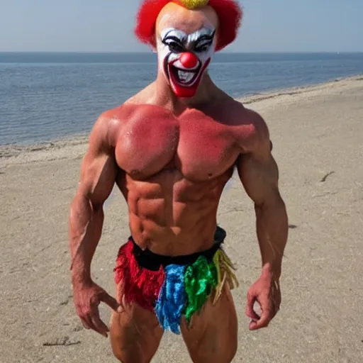 Prompt: muscular clown flexing at the beach